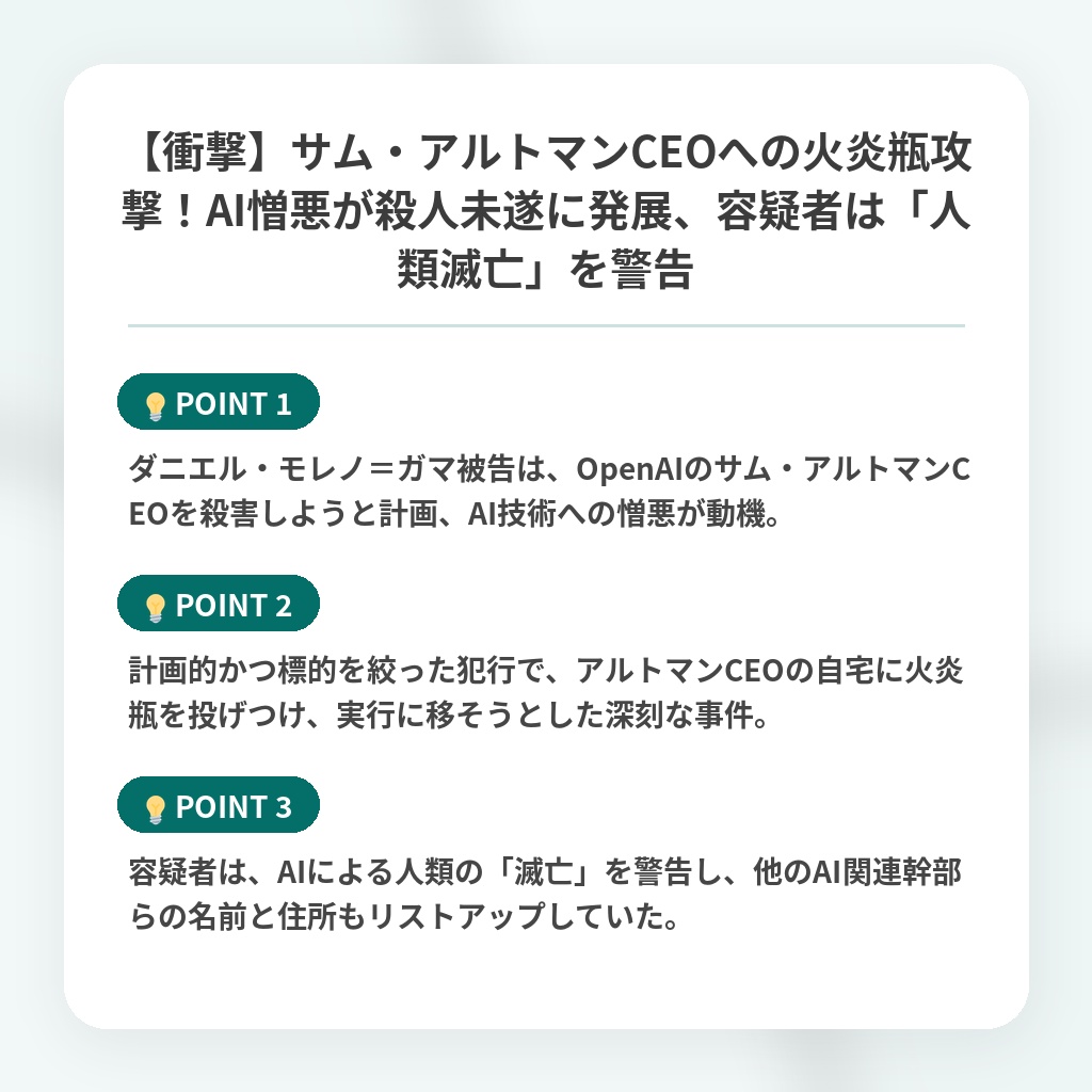 【衝撃】サム・アルトマンCEOへの火炎瓶攻撃！AI憎悪が殺人未遂に発展、容疑者は「人類滅亡」を警告の注目ポイントまとめ