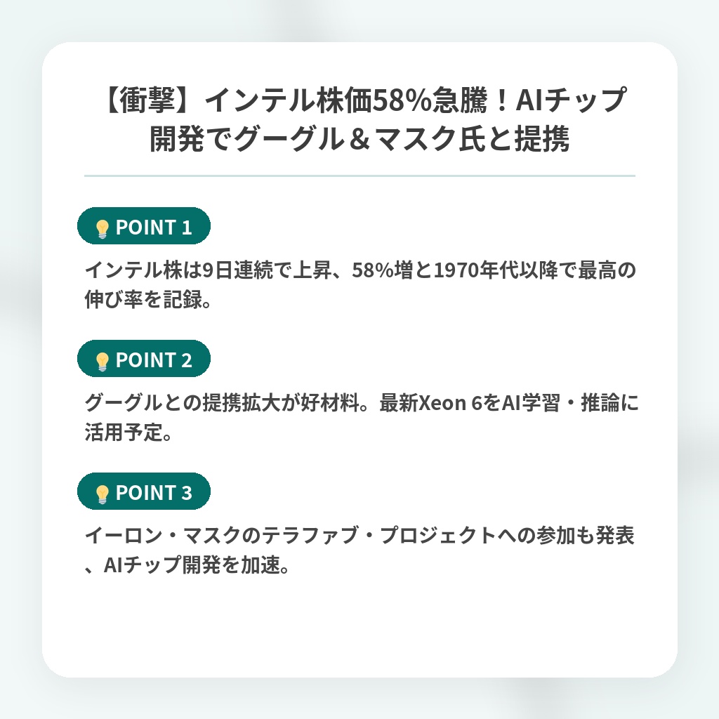 【衝撃】インテル株価58%急騰!AIチップ開発でグーグル&マスク氏と提携の注目ポイントまとめ