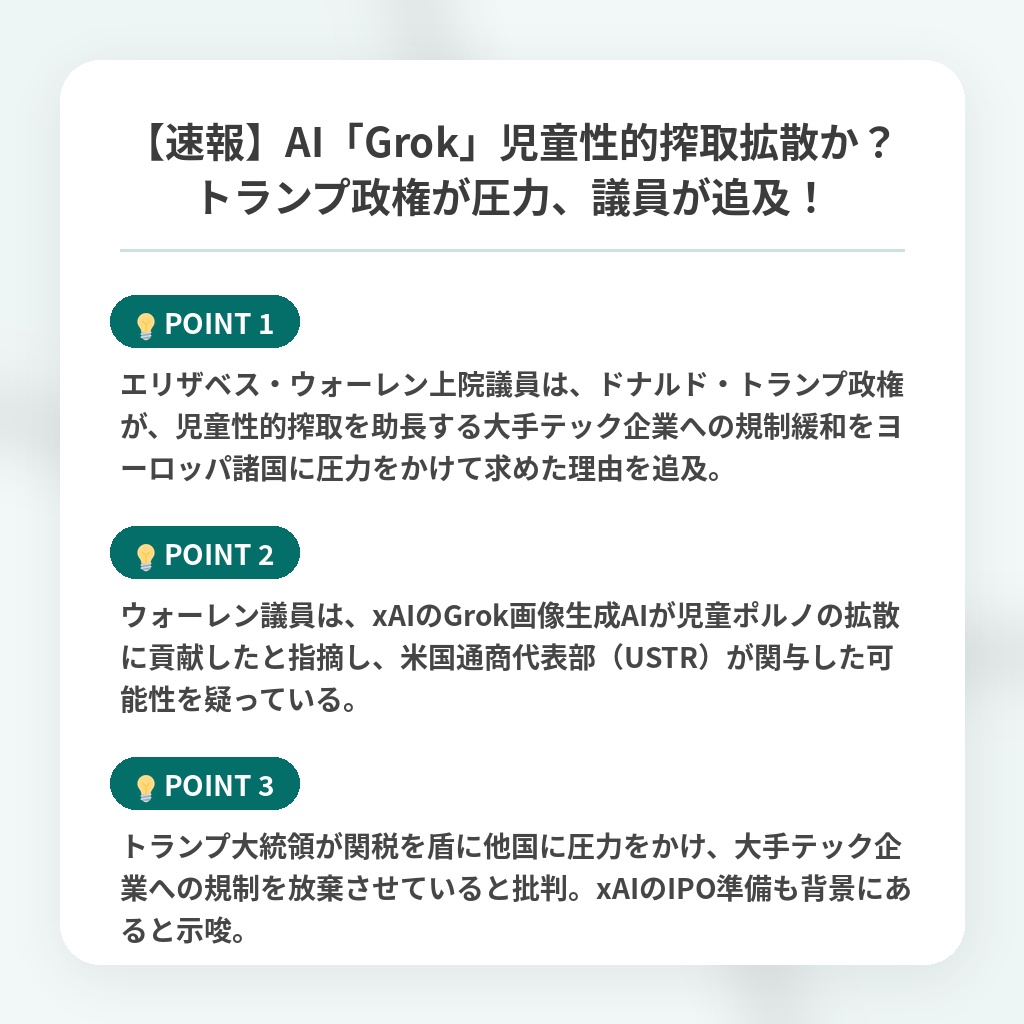 【速報】AI「Grok」児童性的搾取拡散か？トランプ政権が圧力、議員が追及！の注目ポイントまとめ