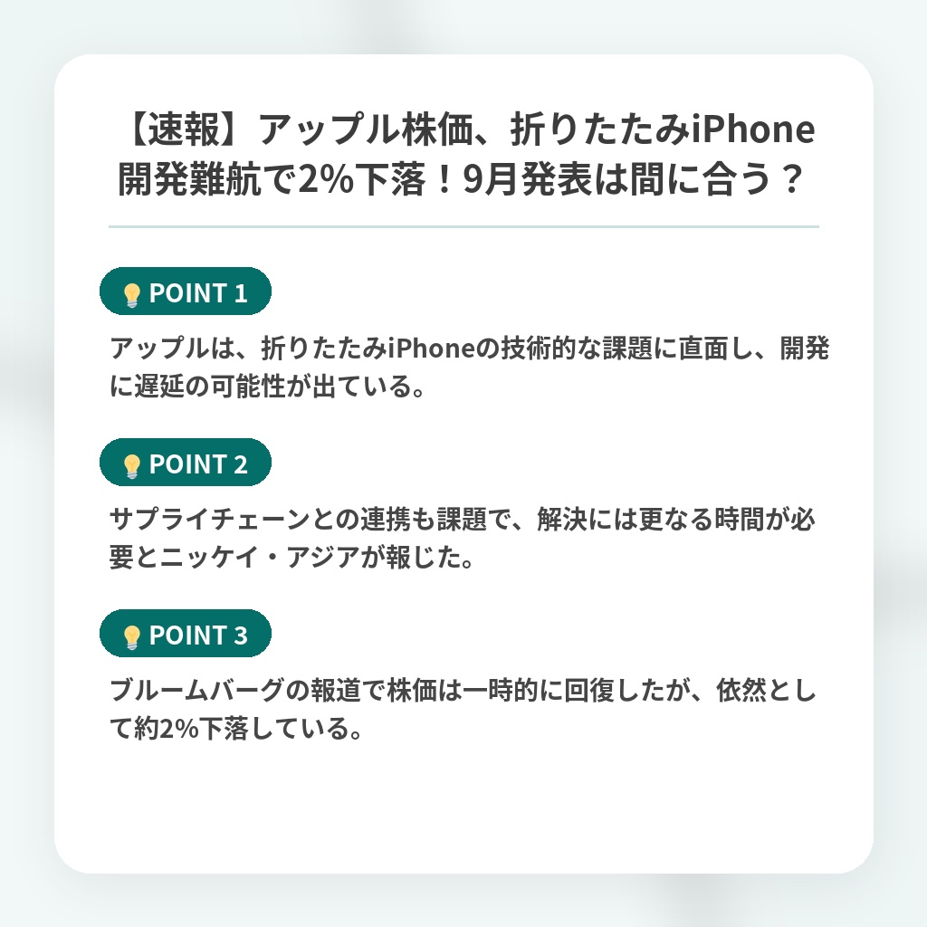 【速報】アップル株価、折りたたみiPhone開発難航で2%下落!9月発表は間に合う?の注目ポイントまとめ