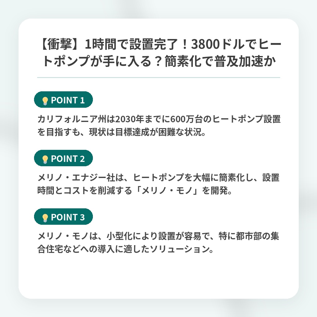 【衝撃】1時間で設置完了!3800ドルでヒートポンプが手に入る?簡素化で普及加速かの注目ポイントまとめ