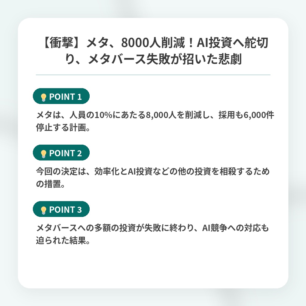 【衝撃】メタ、8000人削減！AI投資へ舵切り、メタバース失敗が招いた悲劇の注目ポイントまとめ