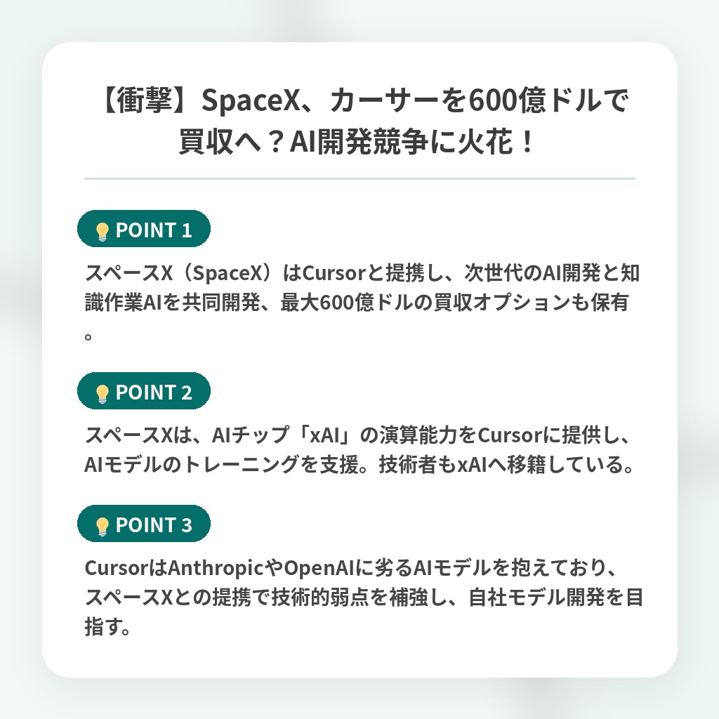 【衝撃】SpaceX、カーサーを600億ドルで買収へ？AI開発競争に火花！の注目ポイントまとめ