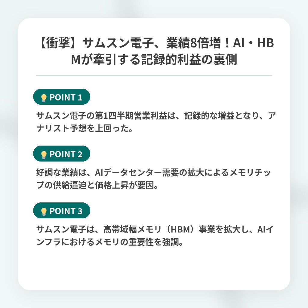 【衝撃】サムスン電子、業績8倍増！AI・HBMが牽引する記録的利益の裏側の注目ポイントまとめ