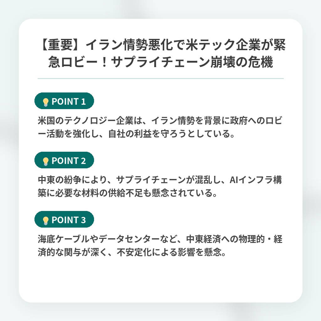【重要】イラン情勢悪化で米テック企業が緊急ロビー！サプライチェーン崩壊の危機の注目ポイントまとめ