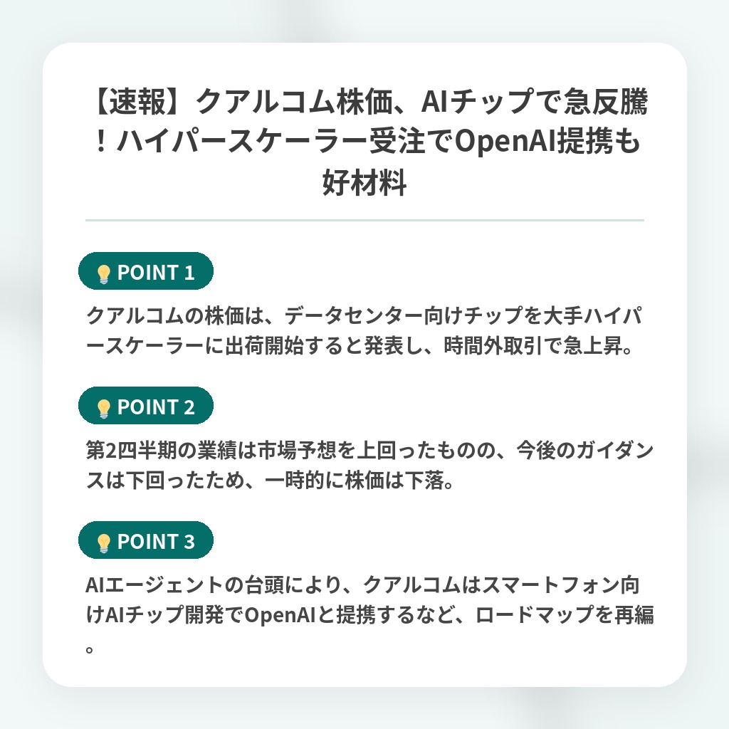 【速報】クアルコム株価、AIチップで急反騰！ハイパースケーラー受注でOpenAI提携も好材料の注目ポイントまとめ