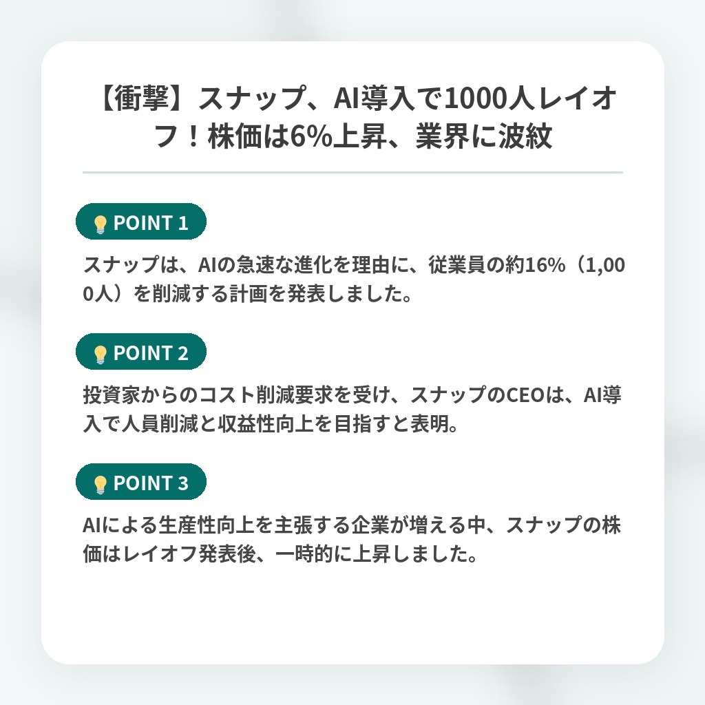 【衝撃】スナップ、AI導入で1000人レイオフ!株価は6%上昇、業界に波紋の注目ポイントまとめ