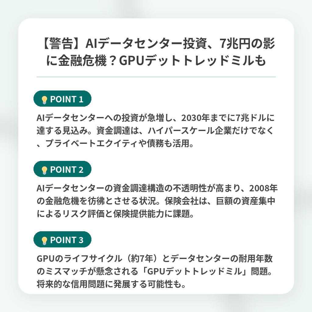 【警告】AIデータセンター投資、7兆円の影に金融危機?GPUデットトレッドミルもの注目ポイントまとめ
