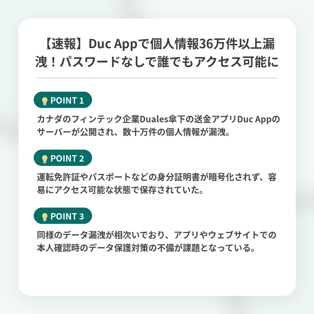 【速報】Duc Appで個人情報36万件以上漏洩！パスワードなしで誰でもアクセス可能にの注目ポイントまとめ