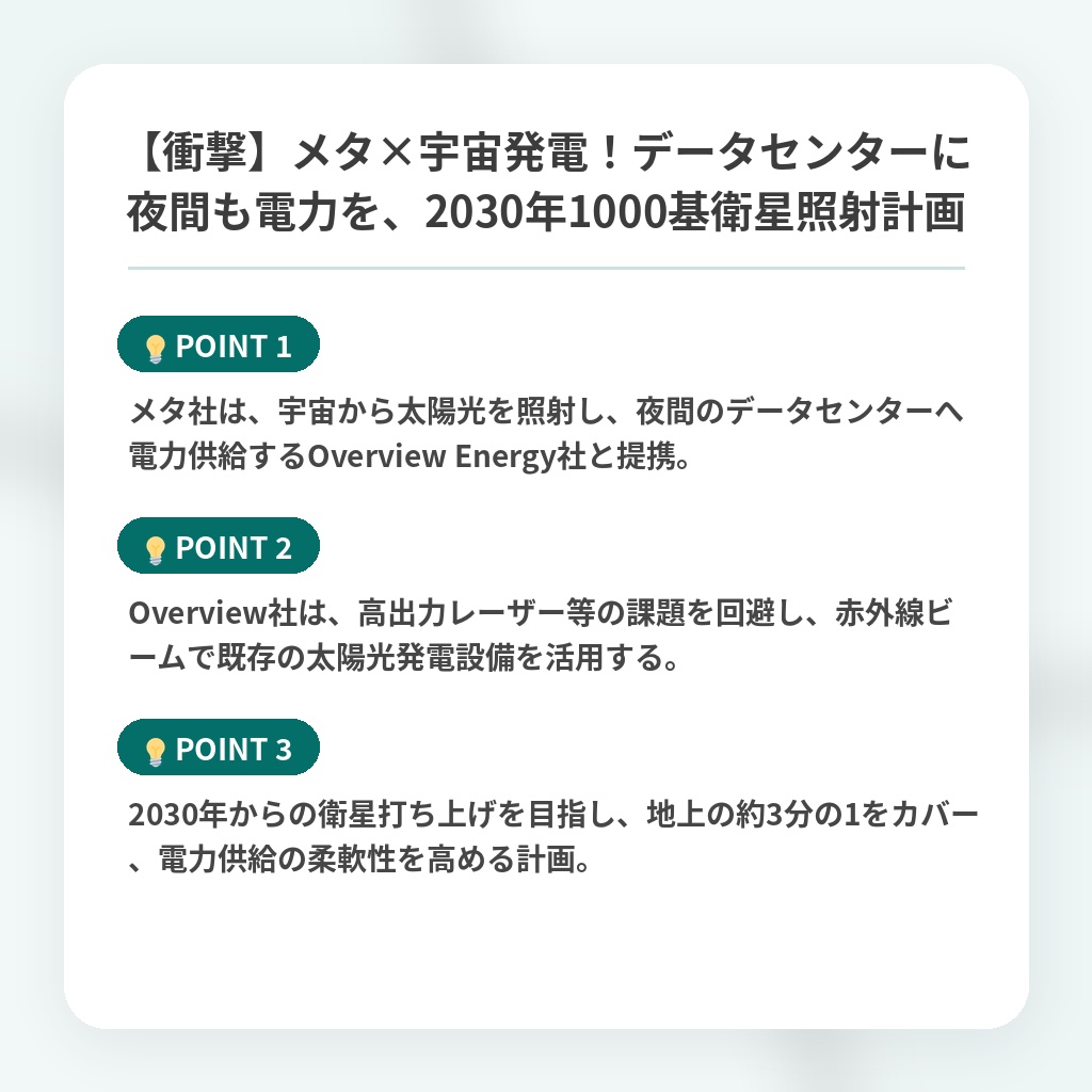【衝撃】メタ×宇宙発電！データセンターに夜間も電力を、2030年1000基衛星照射計画の注目ポイントまとめ