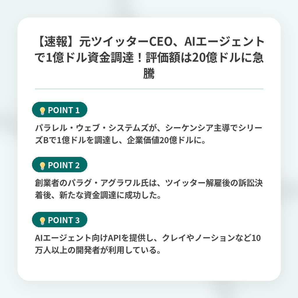 【速報】元ツイッターCEO、AIエージェントで1億ドル資金調達！評価額は20億ドルに急騰の注目ポイントまとめ