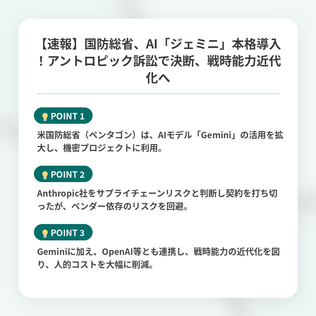 【速報】国防総省、AI「ジェミニ」本格導入！アントロピック訴訟で決断、戦時能力近代化への注目ポイントまとめ