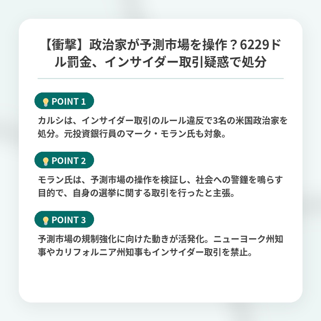 【衝撃】政治家が予測市場を操作？6229ドル罰金、インサイダー取引疑惑で処分の注目ポイントまとめ