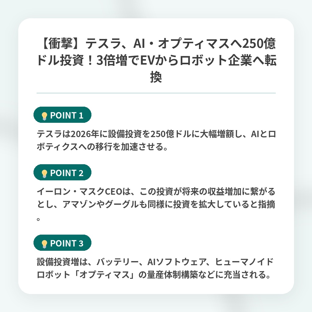 【衝撃】テスラ、AI・オプティマスへ250億ドル投資！3倍増でEVからロボット企業へ転換の注目ポイントまとめ