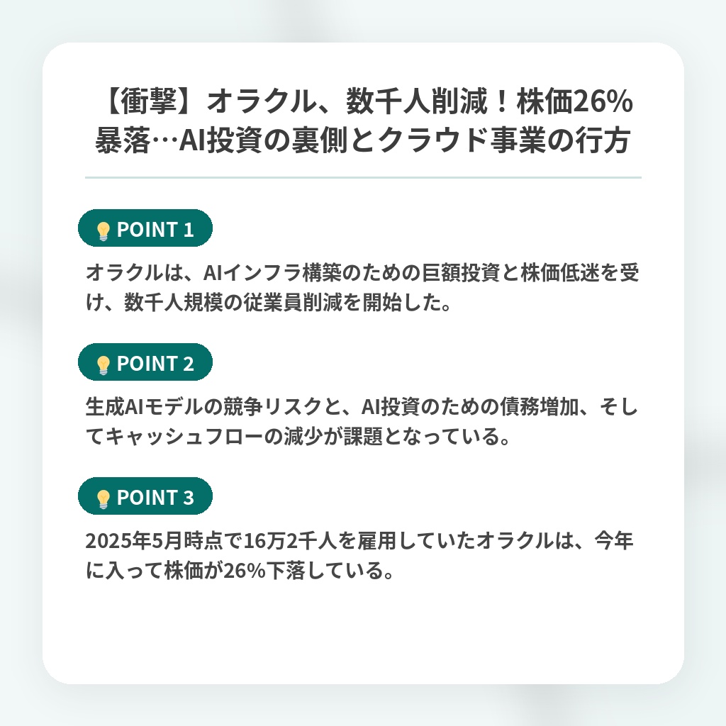 【衝撃】オラクル、数千人削減！株価26%暴落…AI投資の裏側とクラウド事業の行方の注目ポイントまとめ