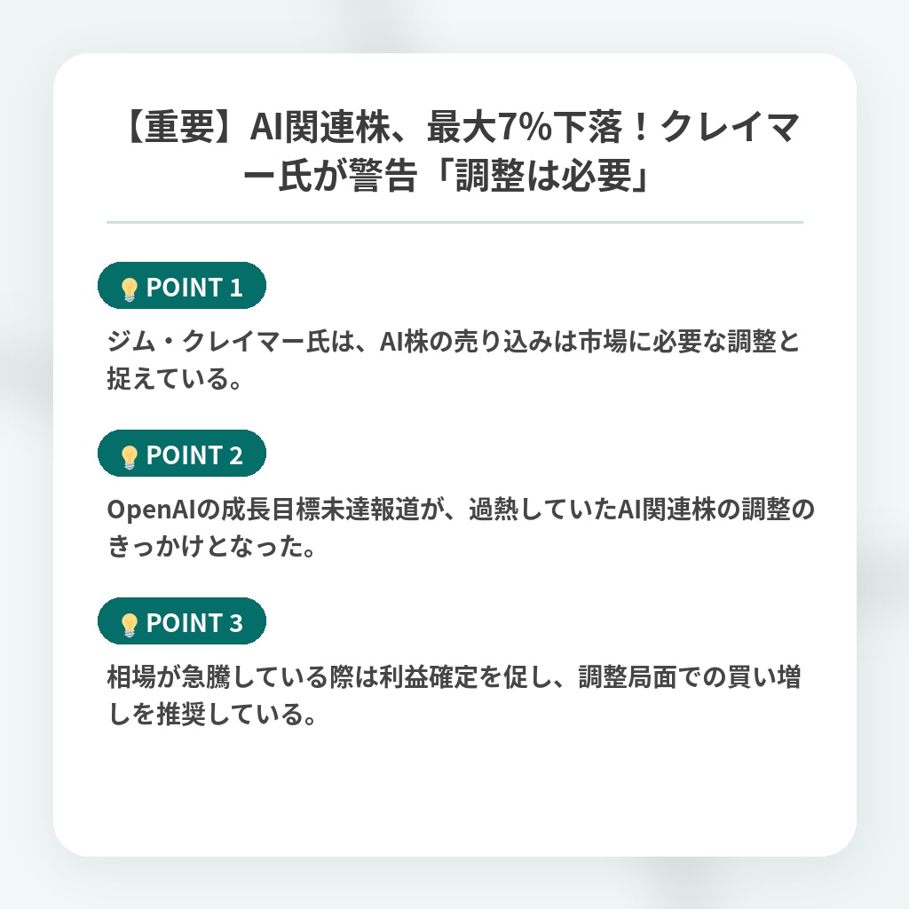 【重要】AI関連株、最大7%下落！クレイマー氏が警告「調整は必要」の注目ポイントまとめ