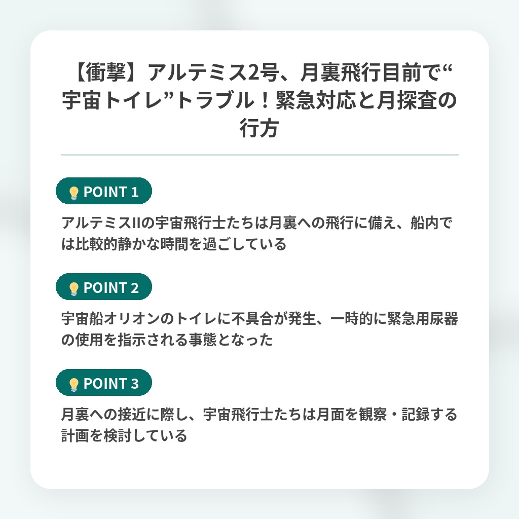 【衝撃】アルテミス2号、月裏飛行目前で“宇宙トイレ”トラブル!緊急対応と月探査の行方の注目ポイントまとめ