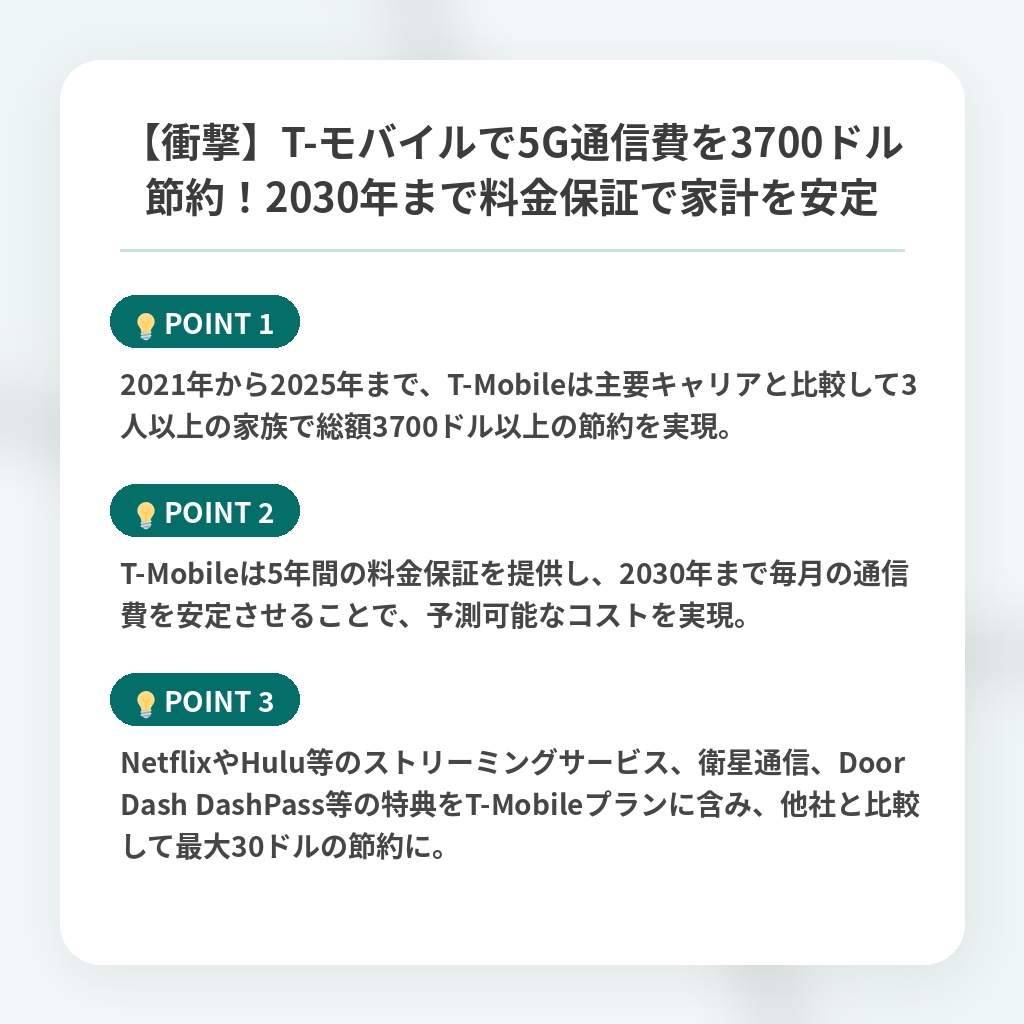 【衝撃】T-モバイルで5G通信費を3700ドル節約！2030年まで料金保証で家計を安定の注目ポイントまとめ