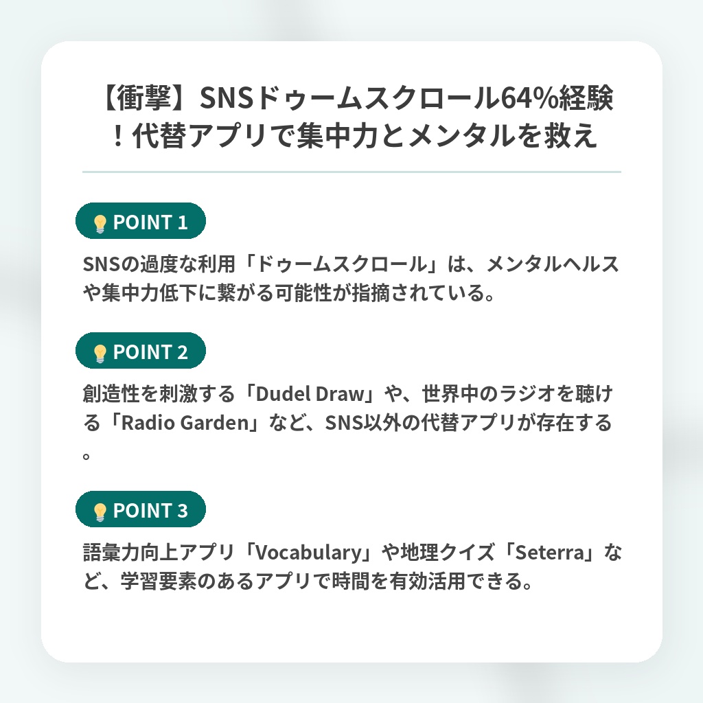【衝撃】SNSドゥームスクロール64%経験！代替アプリで集中力とメンタルを救えの注目ポイントまとめ