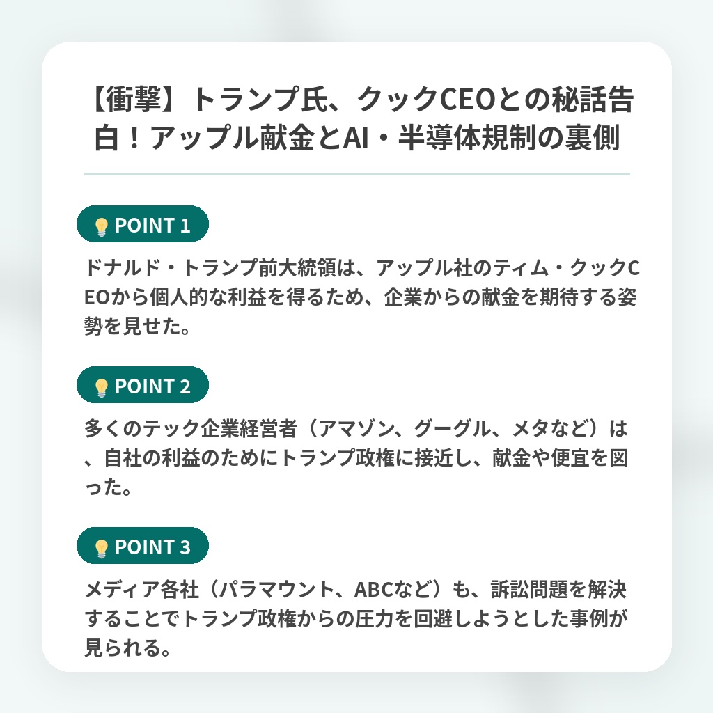 【衝撃】トランプ氏、クックCEOとの秘話告白！アップル献金とAI・半導体規制の裏側の注目ポイントまとめ