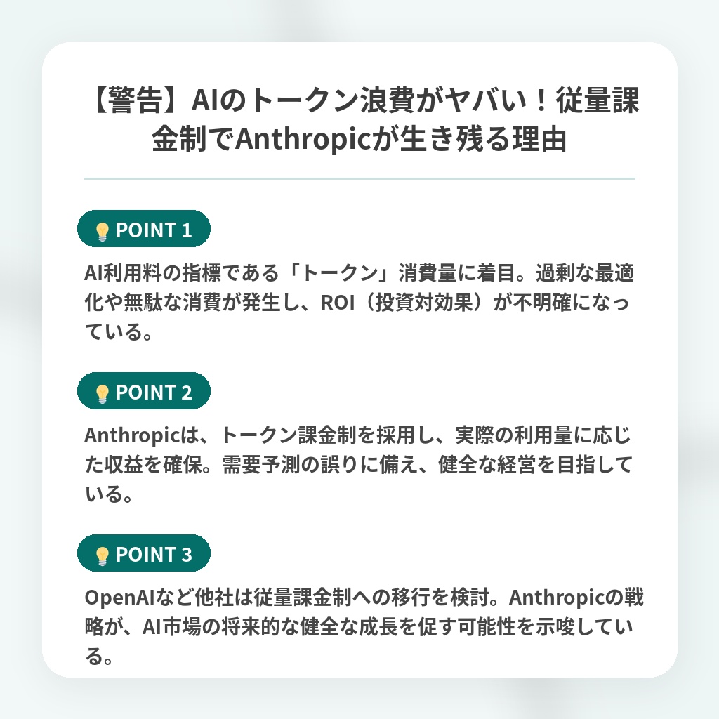 【警告】AIのトークン浪費がヤバい！従量課金制でAnthropicが生き残る理由の注目ポイントまとめ