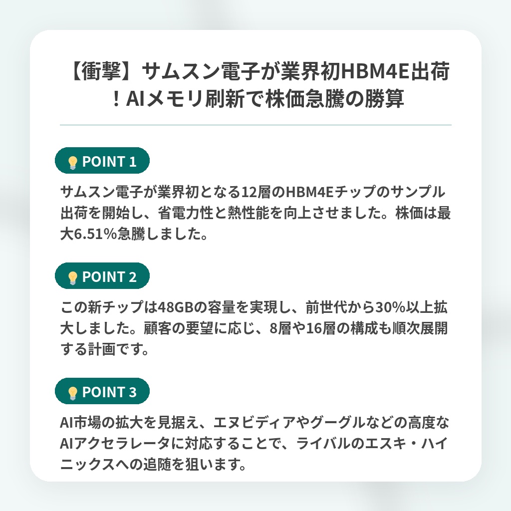 【衝撃】サムスン電子が業界初HBM4E出荷！AIメモリ刷新で株価急騰の勝算の注目ポイントまとめ