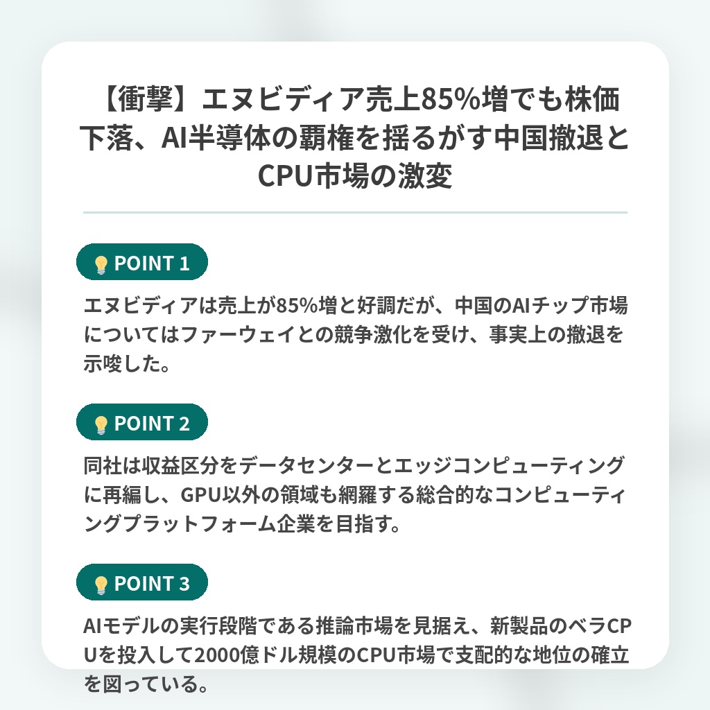 【衝撃】エヌビディア売上85％増でも株価下落、AI半導体の覇権を揺るがす中国撤退とCPU市場の激変の注目ポイントまとめ