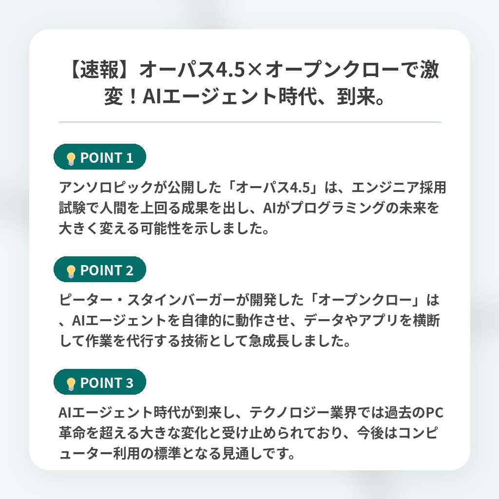 【速報】オーパス4.5×オープンクローで激変！AIエージェント時代、到来。の注目ポイントまとめ