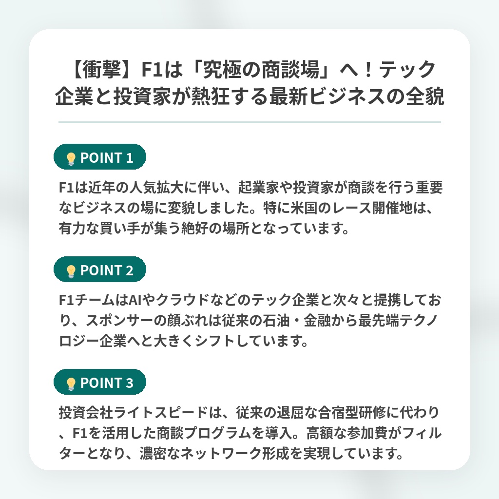 【衝撃】F1は「究極の商談場」へ！テック企業と投資家が熱狂する最新ビジネスの全貌の注目ポイントまとめ