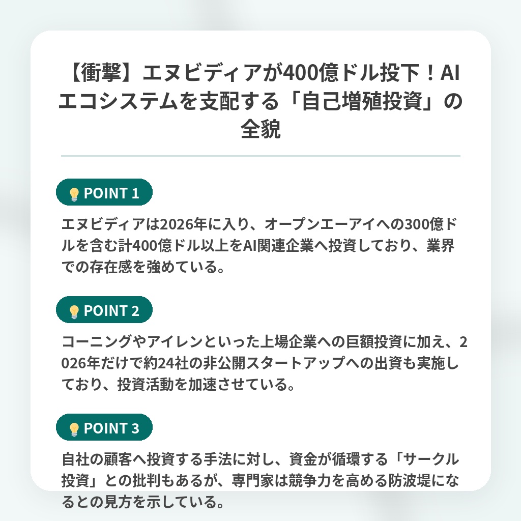 【衝撃】エヌビディアが400億ドル投下！AIエコシステムを支配する「自己増殖投資」の全貌の注目ポイントまとめ