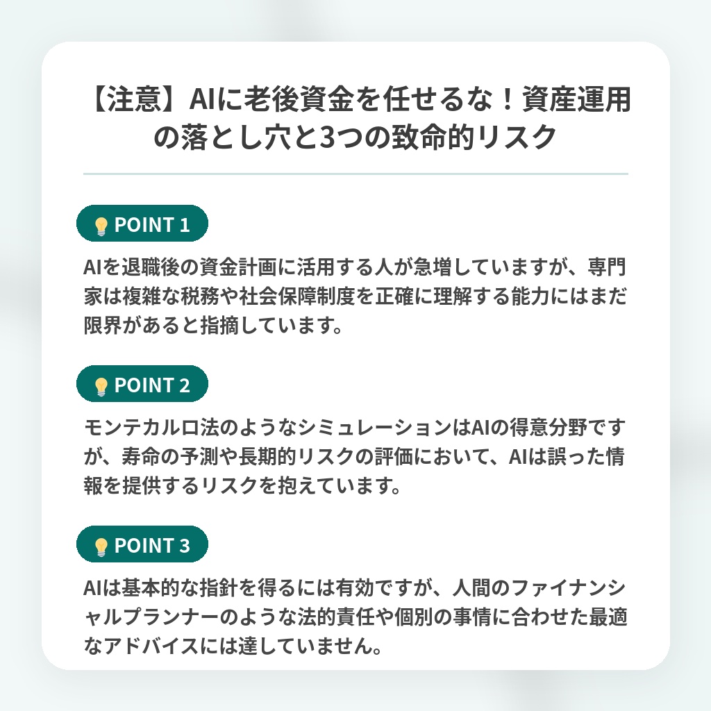 【注意】AIに老後資金を任せるな!資産運用の落とし穴と3つの致命的リスクの注目ポイントまとめ