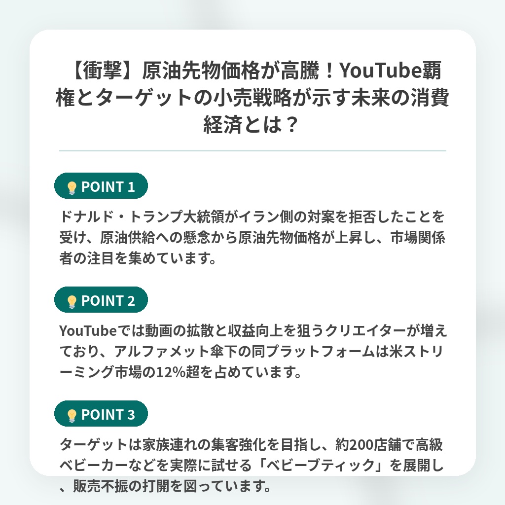 【衝撃】原油先物価格が高騰！YouTube覇権とターゲットの小売戦略が示す未来の消費経済とは？の注目ポイントまとめ