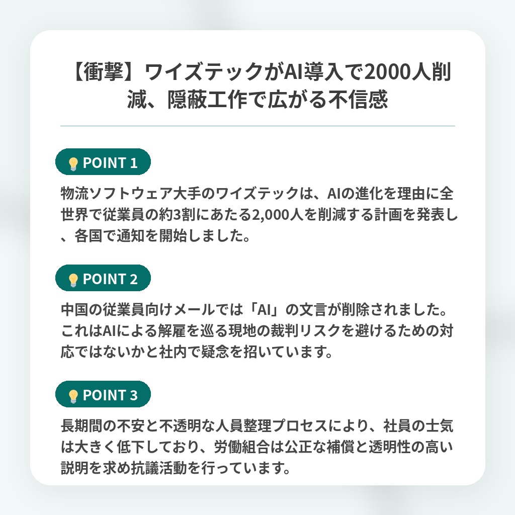 【衝撃】ワイズテックがAI導入で2000人削減、隠蔽工作で広がる不信感の注目ポイントまとめ