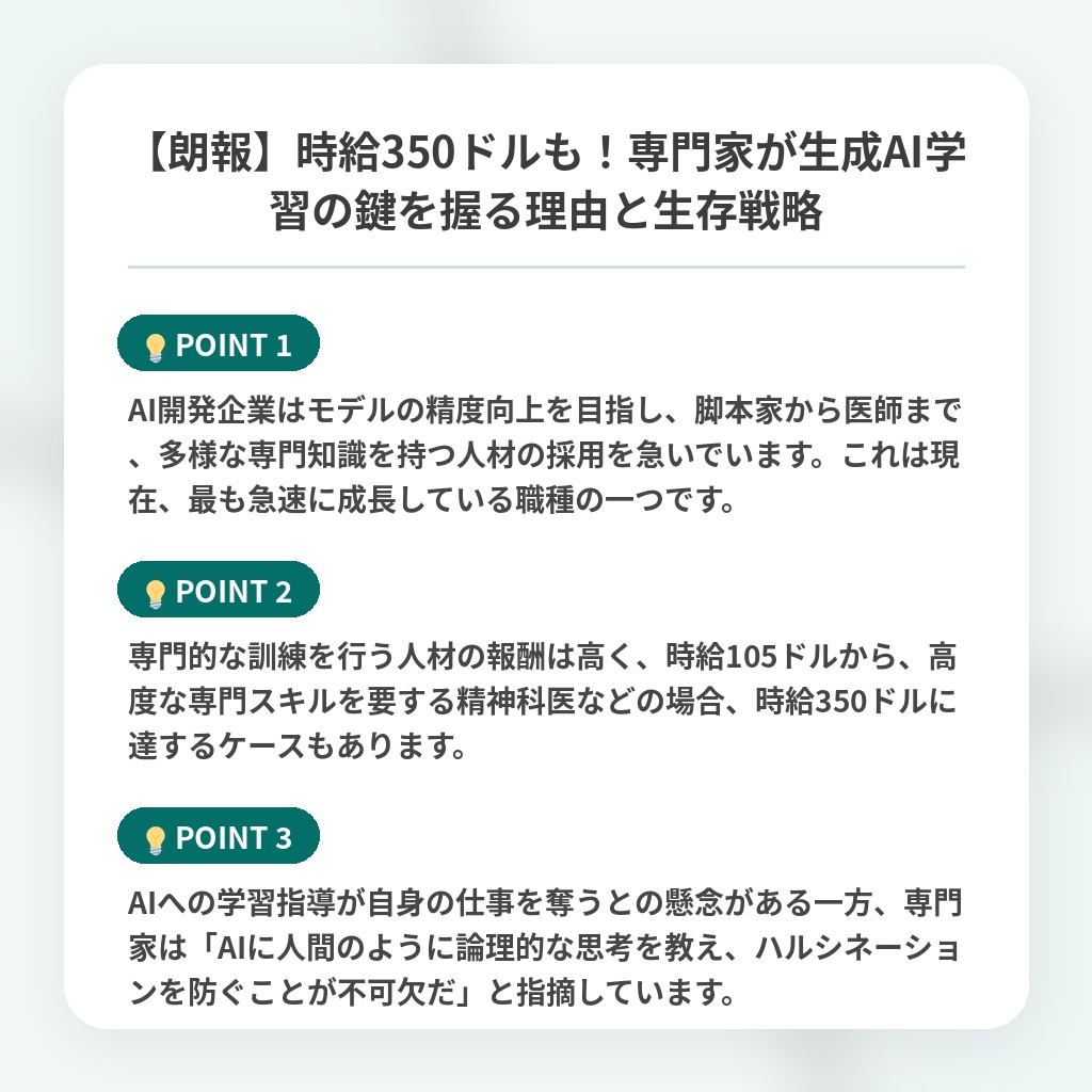 【朗報】時給350ドルも!専門家が生成AI学習の鍵を握る理由と生存戦略の注目ポイントまとめ