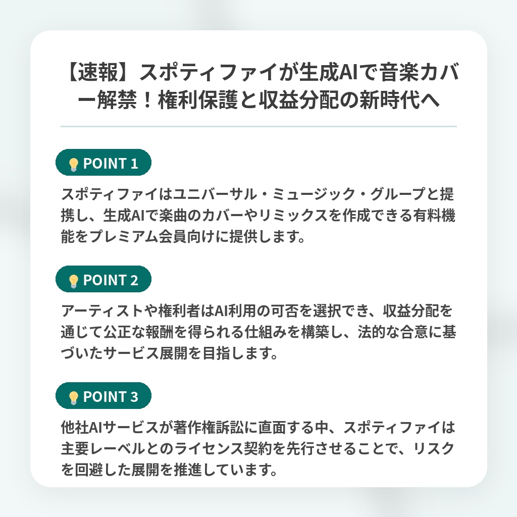 【速報】スポティファイが生成AIで音楽カバー解禁！権利保護と収益分配の新時代への注目ポイントまとめ