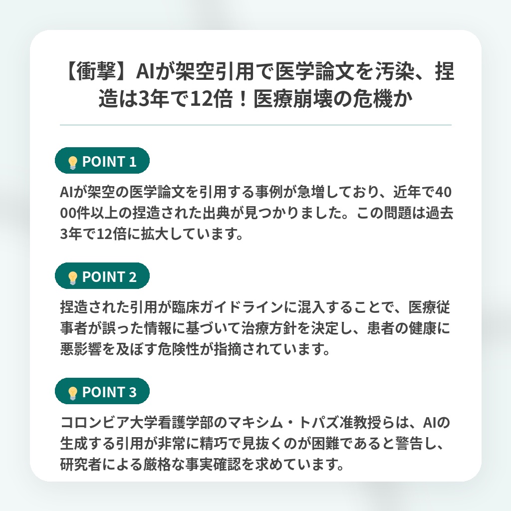 【衝撃】AIが架空引用で医学論文を汚染、捏造は3年で12倍！医療崩壊の危機かの注目ポイントまとめ