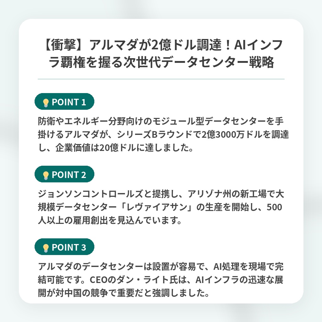 【衝撃】アルマダが2億ドル調達！AIインフラ覇権を握る次世代データセンター戦略の注目ポイントまとめ