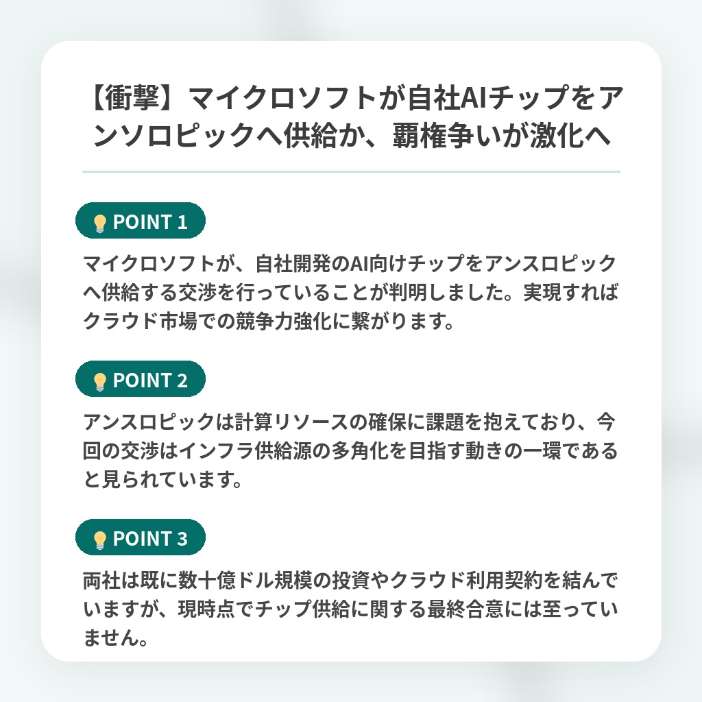 【衝撃】マイクロソフトが自社AIチップをアンソロピックへ供給か、覇権争いが激化への注目ポイントまとめ