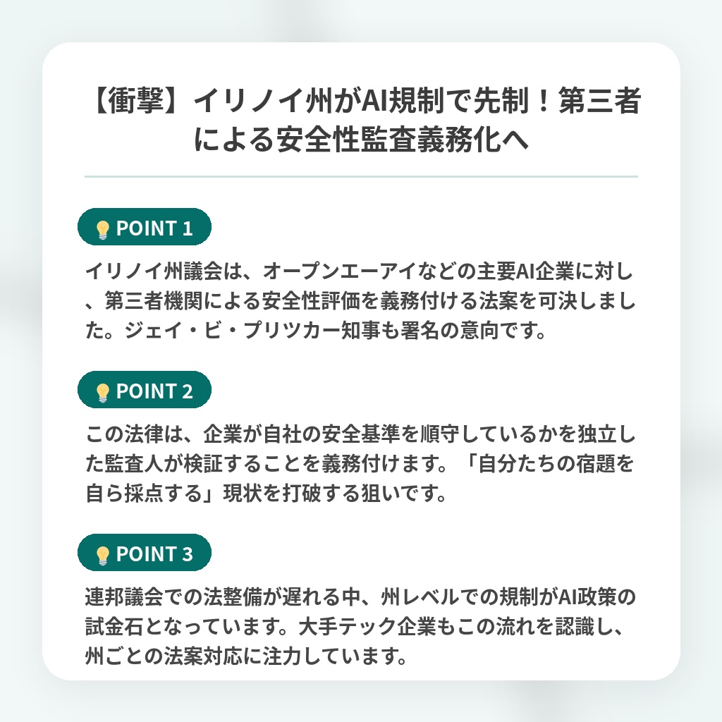 【衝撃】イリノイ州がAI規制で先制！第三者による安全性監査義務化への注目ポイントまとめ