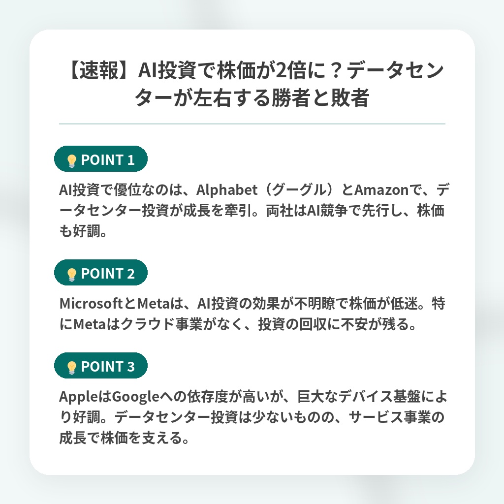 【速報】AI投資で株価が2倍に？データセンターが左右する勝者と敗者の注目ポイントまとめ
