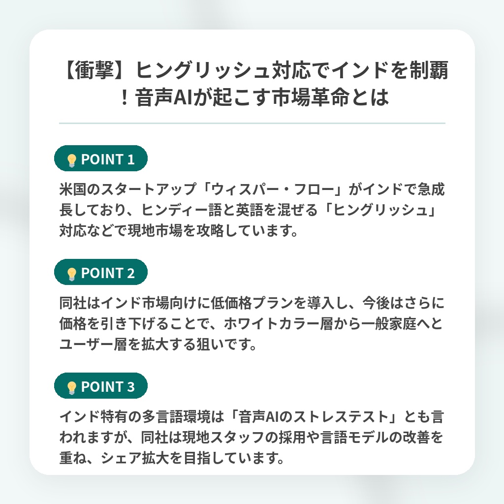 【衝撃】ヒングリッシュ対応でインドを制覇!音声AIが起こす市場革命とはの注目ポイントまとめ