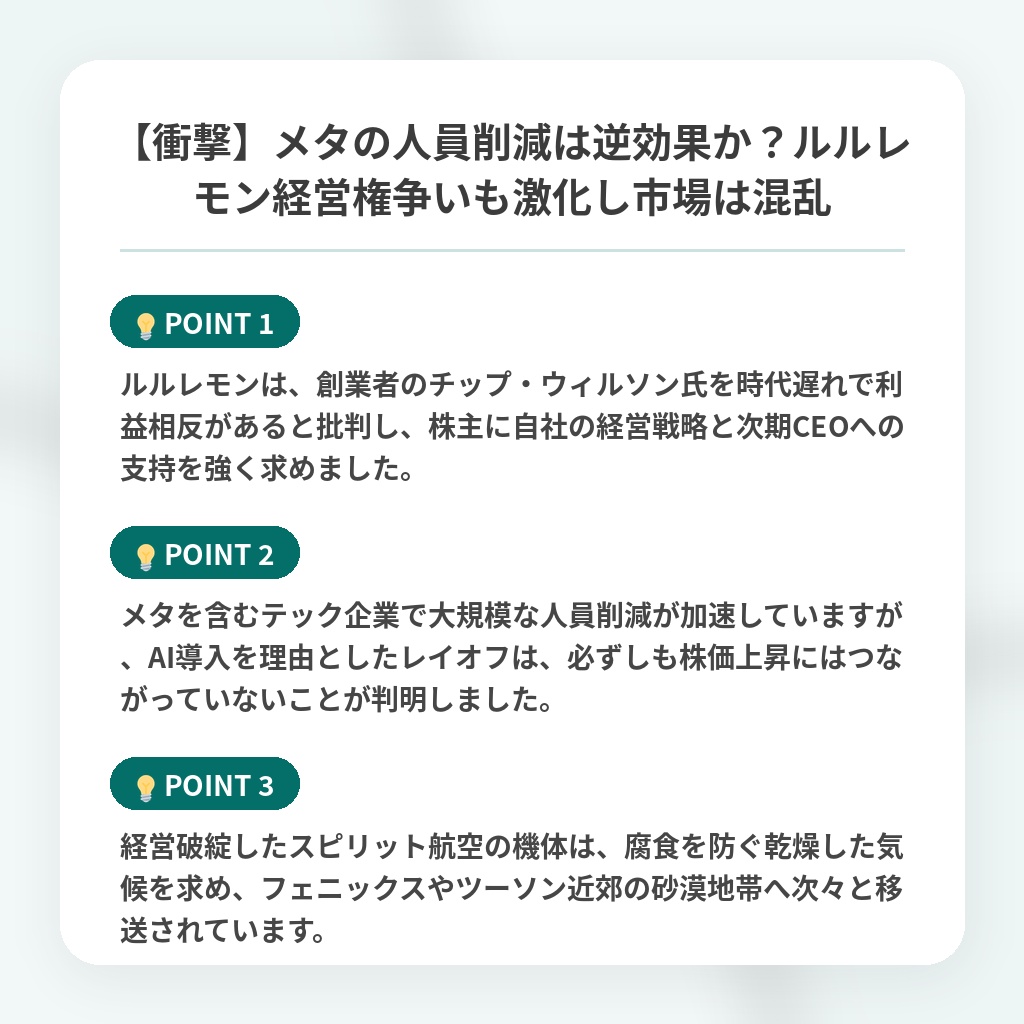 【衝撃】メタの人員削減は逆効果か？ルルレモン経営権争いも激化し市場は混乱の注目ポイントまとめ