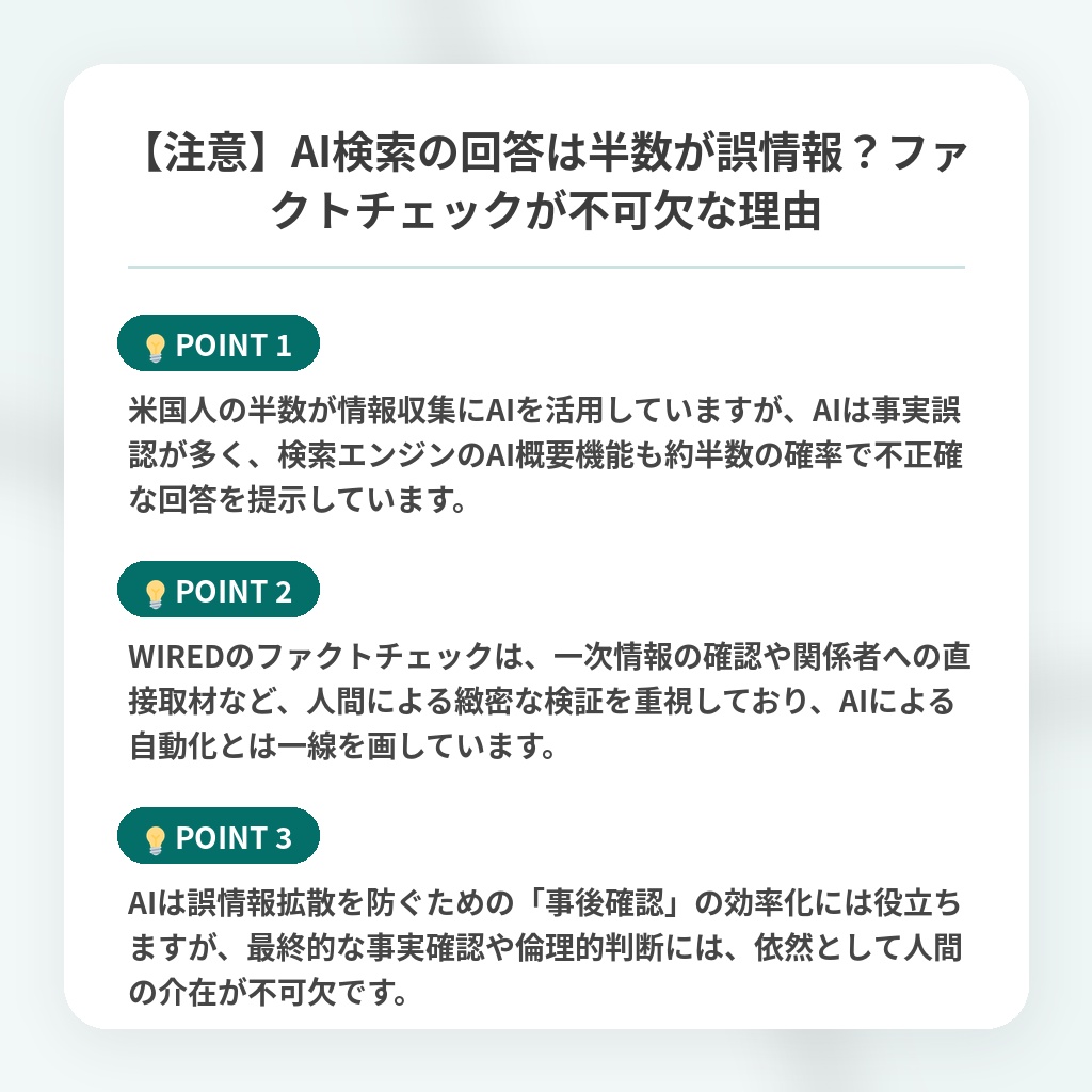 【注意】AI検索の回答は半数が誤情報?ファクトチェックが不可欠な理由の注目ポイントまとめ