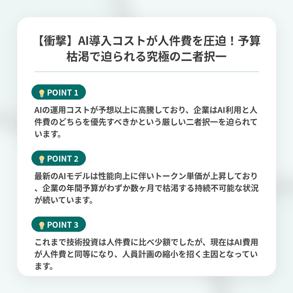【衝撃】AI導入コストが人件費を圧迫!予算枯渇で迫られる究極の二者択一の注目ポイントまとめ