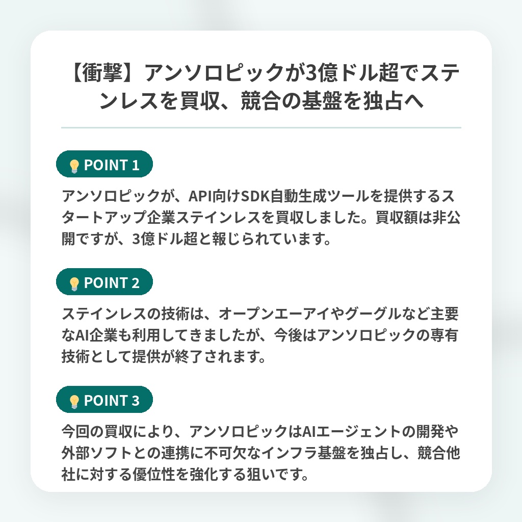 【衝撃】アンソロピックが3億ドル超でステンレスを買収、競合の基盤を独占への注目ポイントまとめ