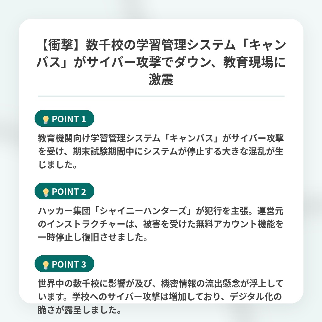 【衝撃】数千校の学習管理システム「キャンバス」がサイバー攻撃でダウン、教育現場に激震の注目ポイントまとめ