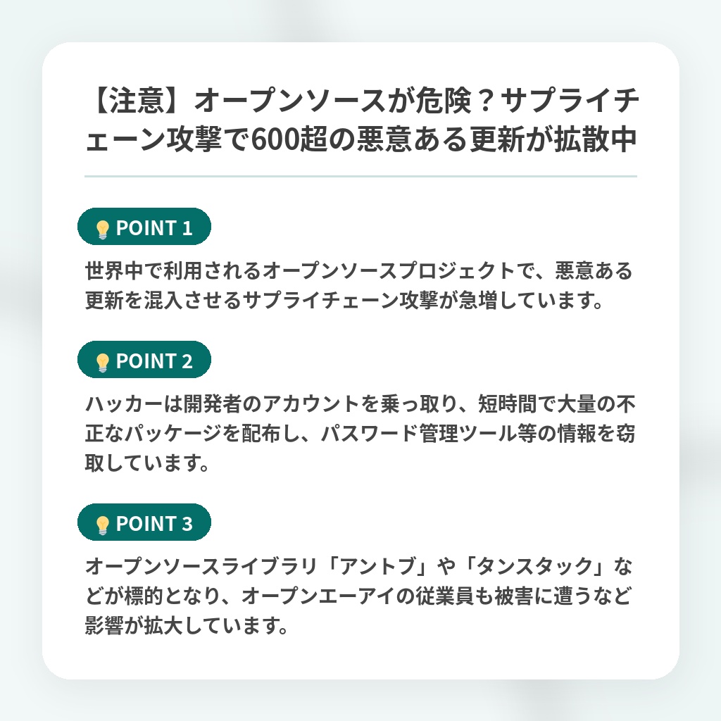 【注意】オープンソースが危険？サプライチェーン攻撃で600超の悪意ある更新が拡散中の注目ポイントまとめ
