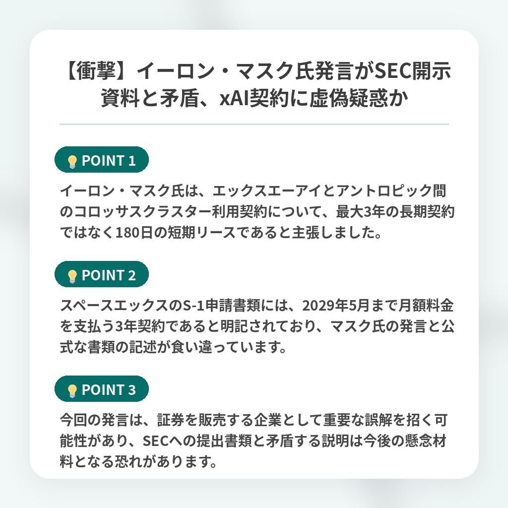 【衝撃】イーロン・マスク氏発言がSEC開示資料と矛盾、xAI契約に虚偽疑惑かの注目ポイントまとめ