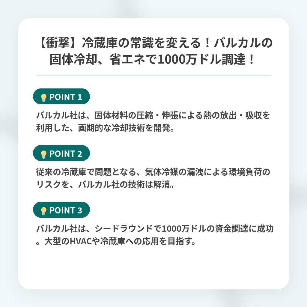 【衝撃】冷蔵庫の常識を変える！バルカルの固体冷却、省エネで1000万ドル調達！の注目ポイントまとめ