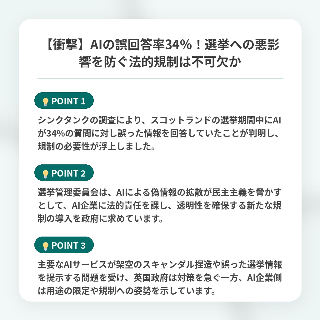 【衝撃】AIの誤回答率34%!選挙への悪影響を防ぐ法的規制は不可欠かの注目ポイントまとめ
